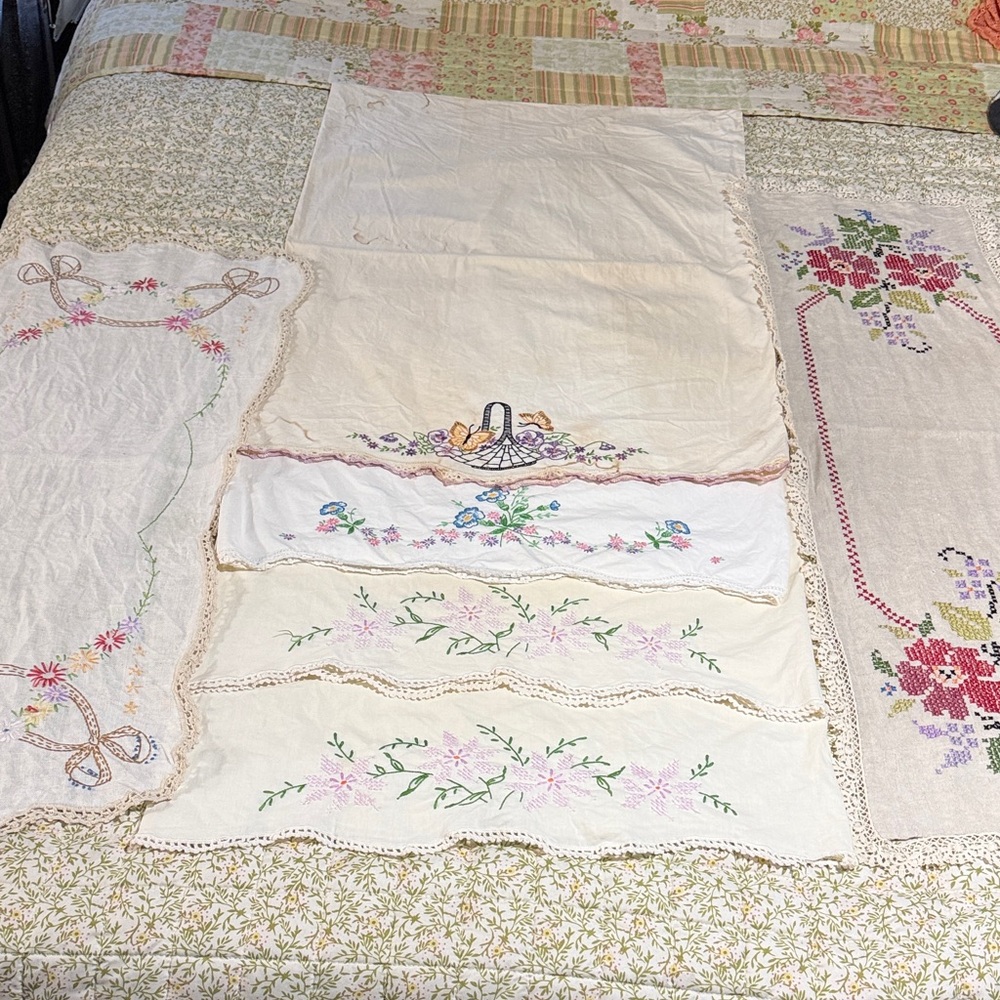 Vintage Embroidered Cross Stitched Table Runners and Pillowcases